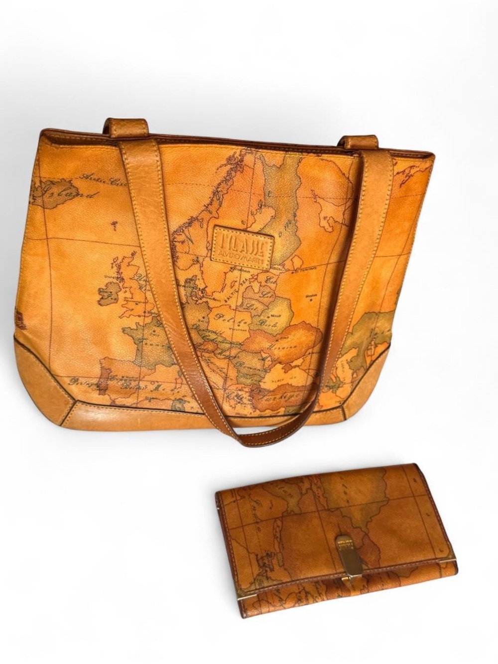 Alviero Martini Tan Cognac Map-Print Leather Tote with Wallet
